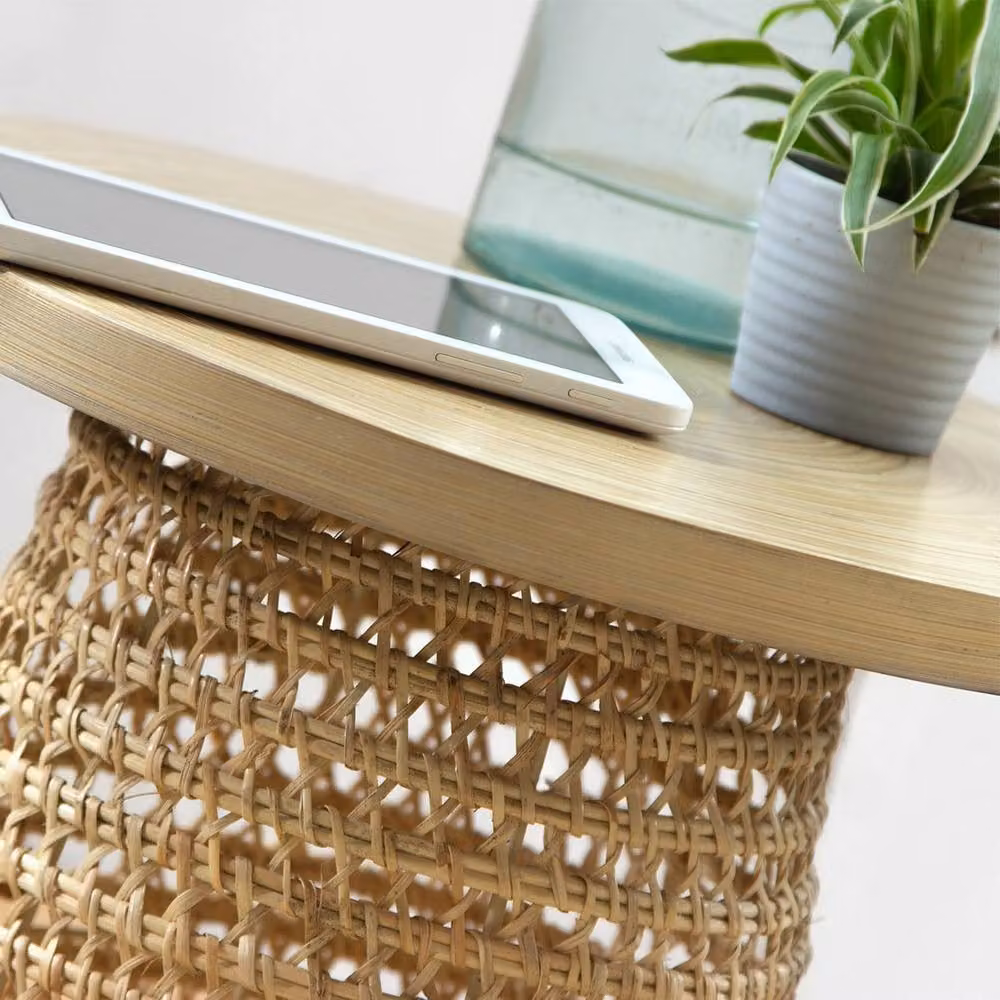CALICOSY Bamboo Tabletop Side Table with Rattan Base, Brown, W/D/H: 40 x 40 x 45 cm – 3