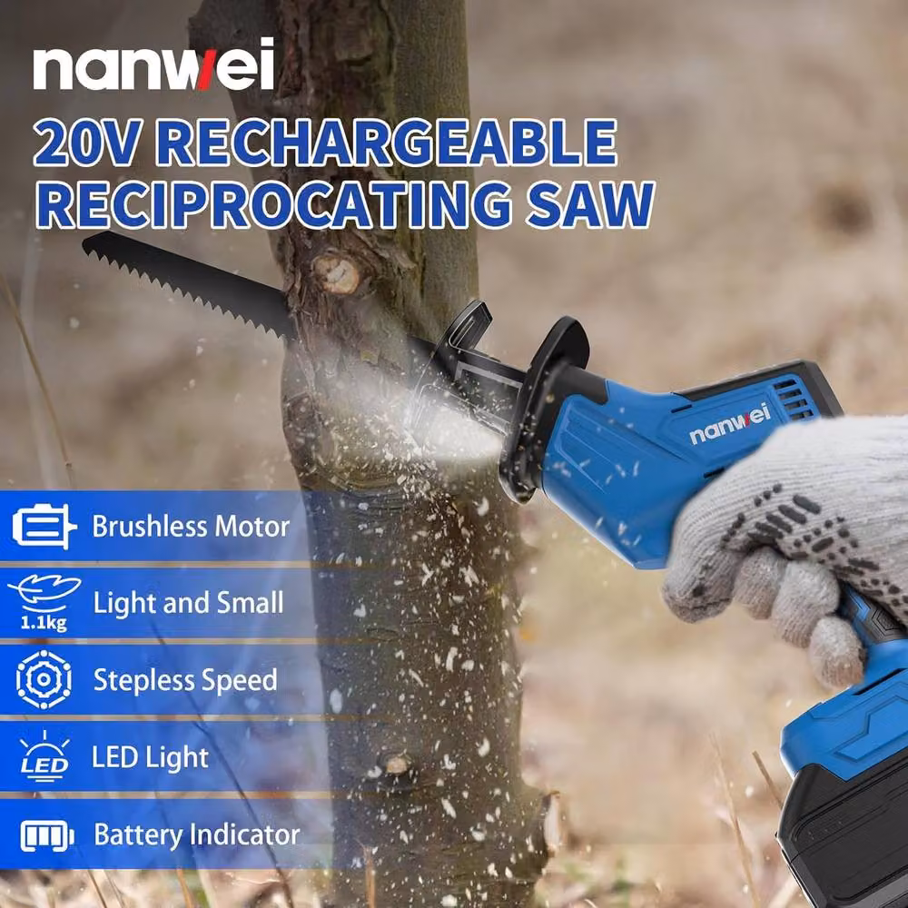 NANWEI 20V Cordless Reciprocating Saw with 2 Rechargeable Batteries and Charger, Blue/Multicolour – 2