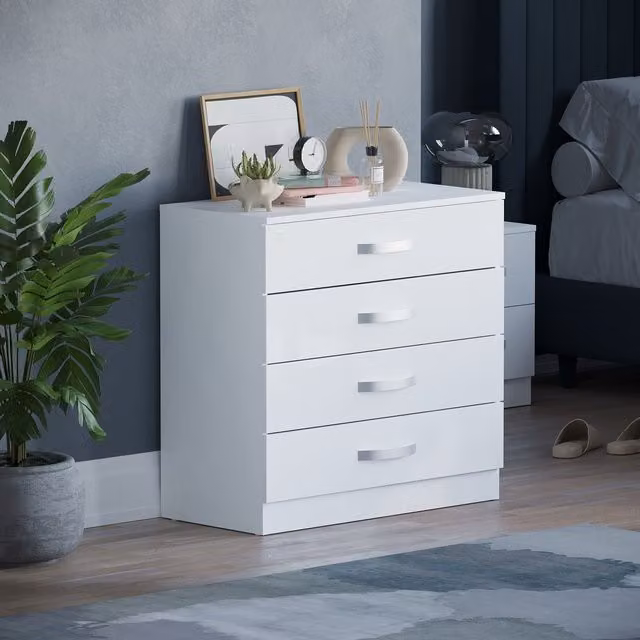 Hulio 4 Drawer Chest of Drawers in White Glossy MDF with Silver Details