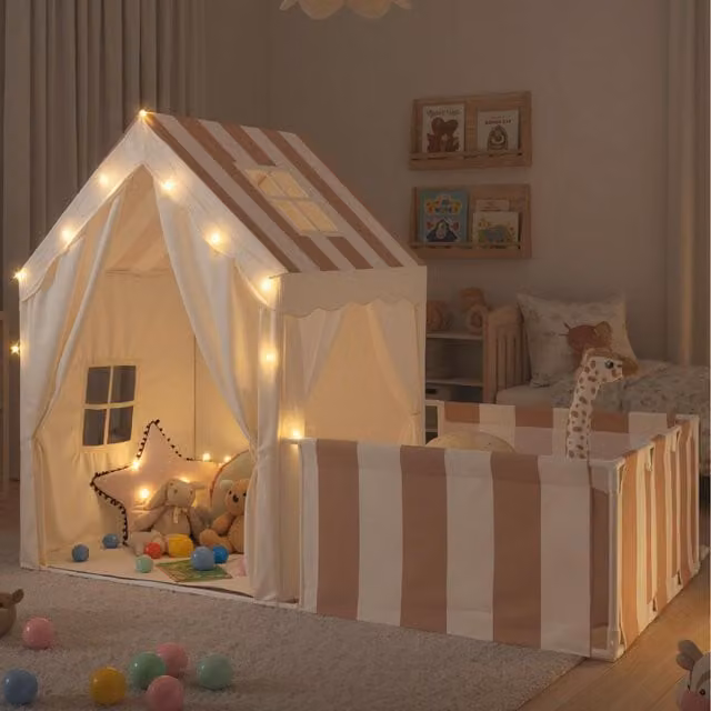 Costway 2-in-1 Toddler Playhouse and Play Tent with Yard in Beige and White