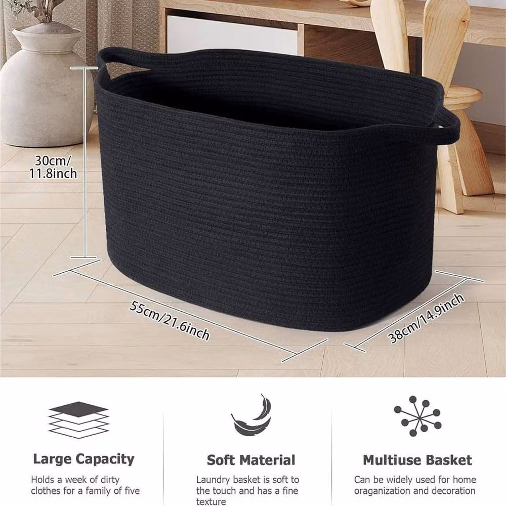 FLAVORA Black Large Cotton Fabric Storage and Laundry Basket, W: 55.0 cm, D: 38.0 cm, H: 30.0 cm – 2