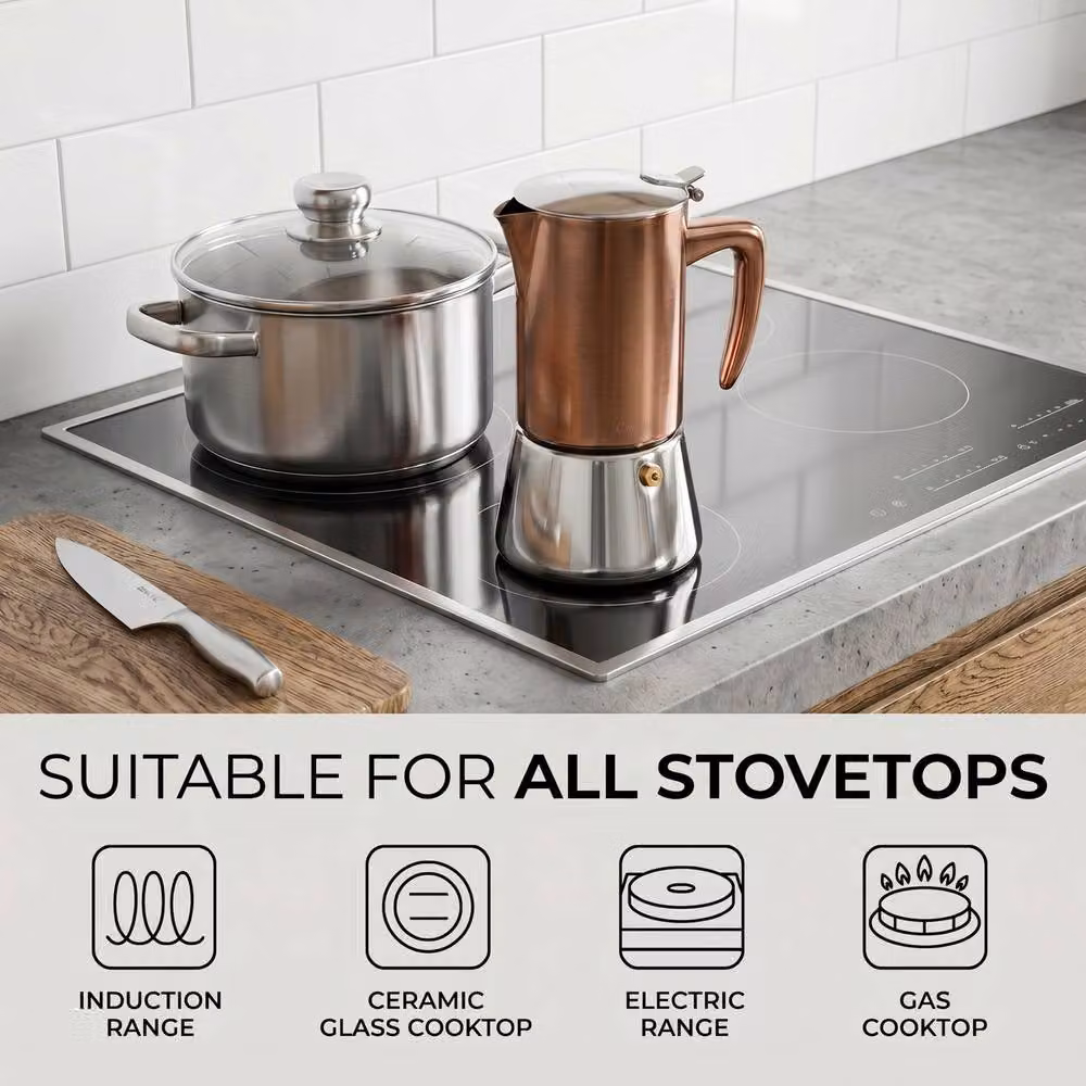 Crystals 6 Cup Stainless Steel Espresso Maker Stovetop Coffee Moka Pot in Copper and Bronze – 3