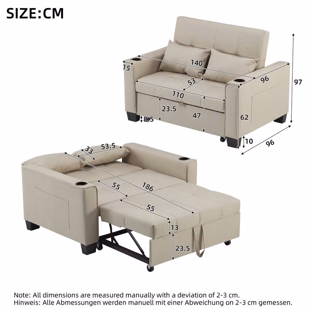 Tokpiedi 2 Seater Convertible Pull Out Sofa Bed with Cup Holders in Beige – 3
