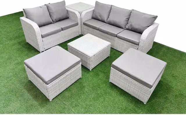 Fimous 7-Seater PE Rattan Garden Sofa Set with Tempered Glass Table in Light Grey