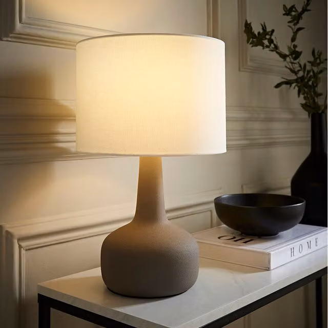 Hayley Ceramic Table Lamp with Linen Drum Shade and LED Bulb in Grey and Beige