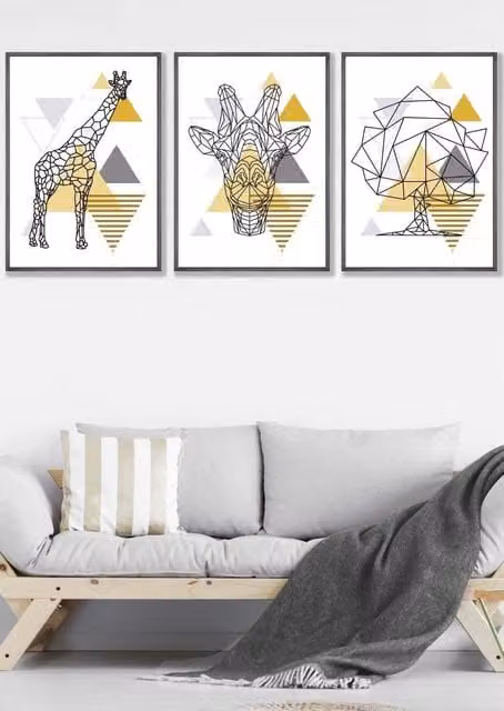 ARTZE Geometric Line Art Yellow Giraffe Framed Wall Art Set in Dark Grey, W: 53 cm, H: 73 cm, D: 2 cm