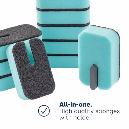 LIVIVO Pack of 10 Dual-Sided Washing Up Sponges with Blue Suction Holder – 4