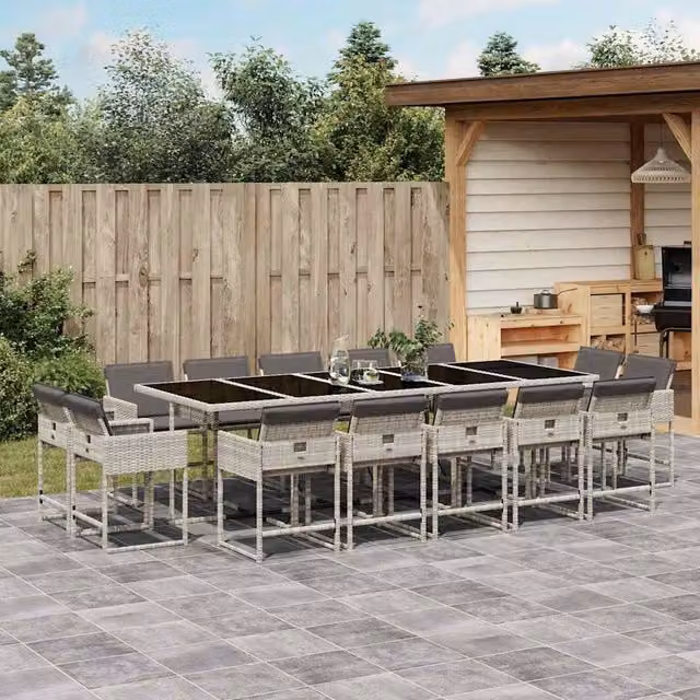 Berkfield Home 15 Piece Light Grey Poly Rattan Garden Dining Set with Cushions and Glass Tabletop – 1