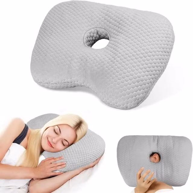 VOGREX Grey Ear Hole Pillow for Side Sleepers with Removable Polyester Cover