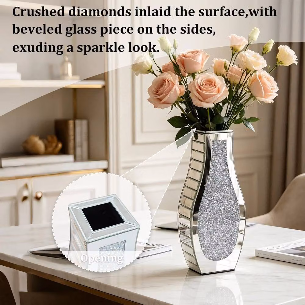 FLAVORA Silver Crushed Diamond Glass Mirror Vase, W/D/H: 100 x 100 x 1 cm – 3