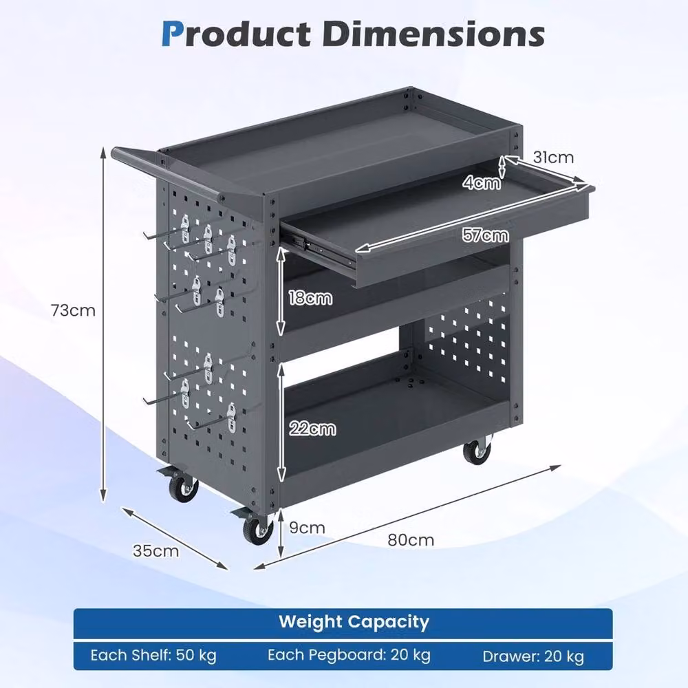 VOGREX 3 Tier Steel Metal Mechanic Tool Trolley and Organizer in Grey, W/D/H: 73 x 35 x 35 cm – 2