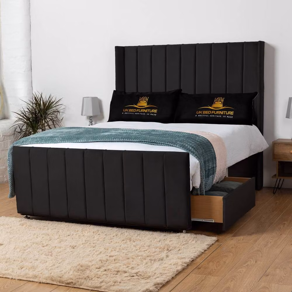UK Bed Furniture Seoul Wingback Divan Bed Base with 54 Inch Headboard in Black, Single, W/D/H: 90 x 190 cm – 2