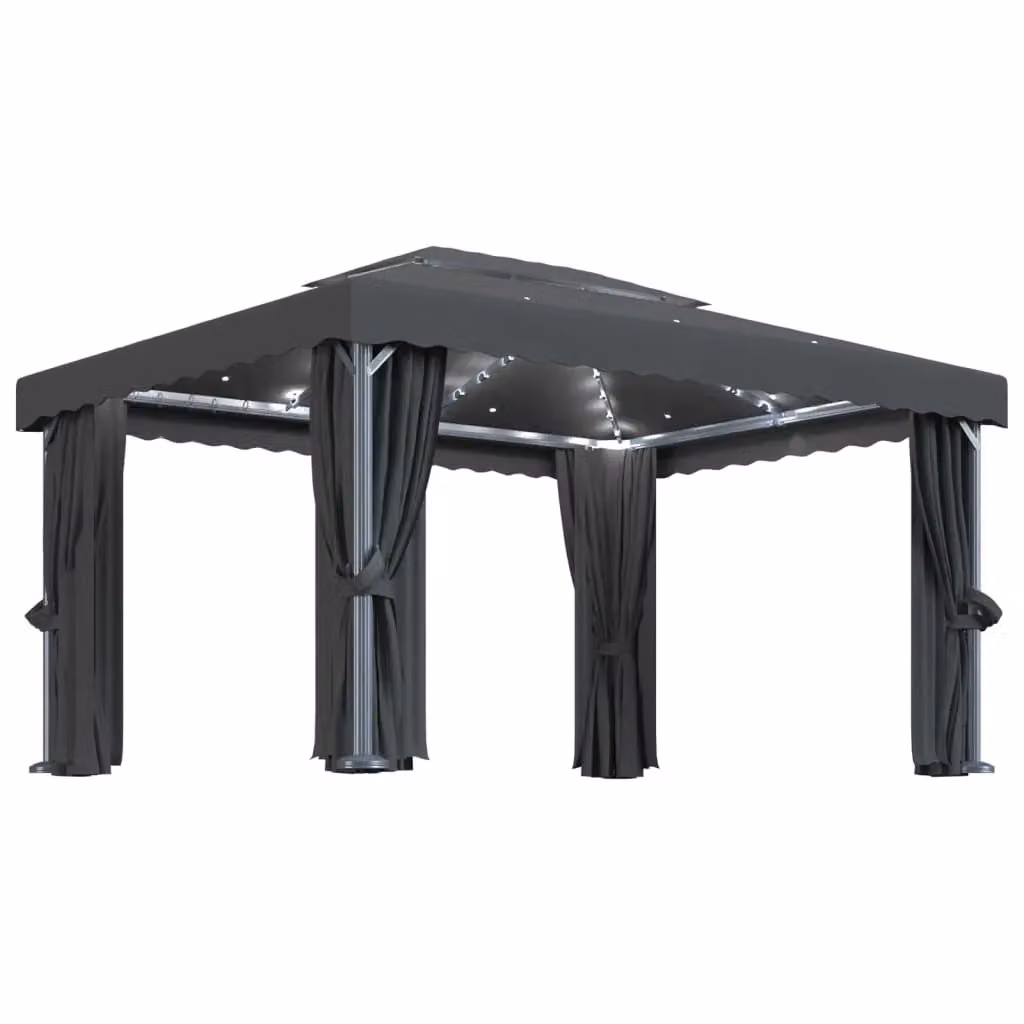 Berkfield Home Anthracite and Black Gazebo with Curtains and LED String Lights, W: 4 m, D: 3 m – 2