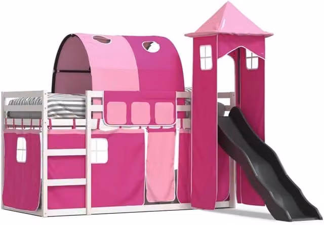 Berkfield Home Pink Solid Wood Childrens Bunk Bed with Slide and Curtains W/D/H: 90 x 200 cm