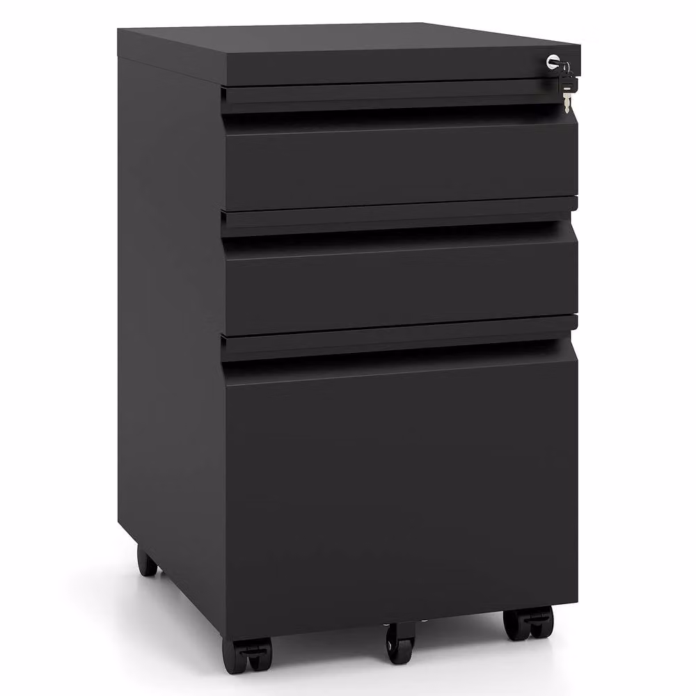 Costway 3-Drawer Mobile Metal Filing Cabinet with Lock and Castors in Black – 3