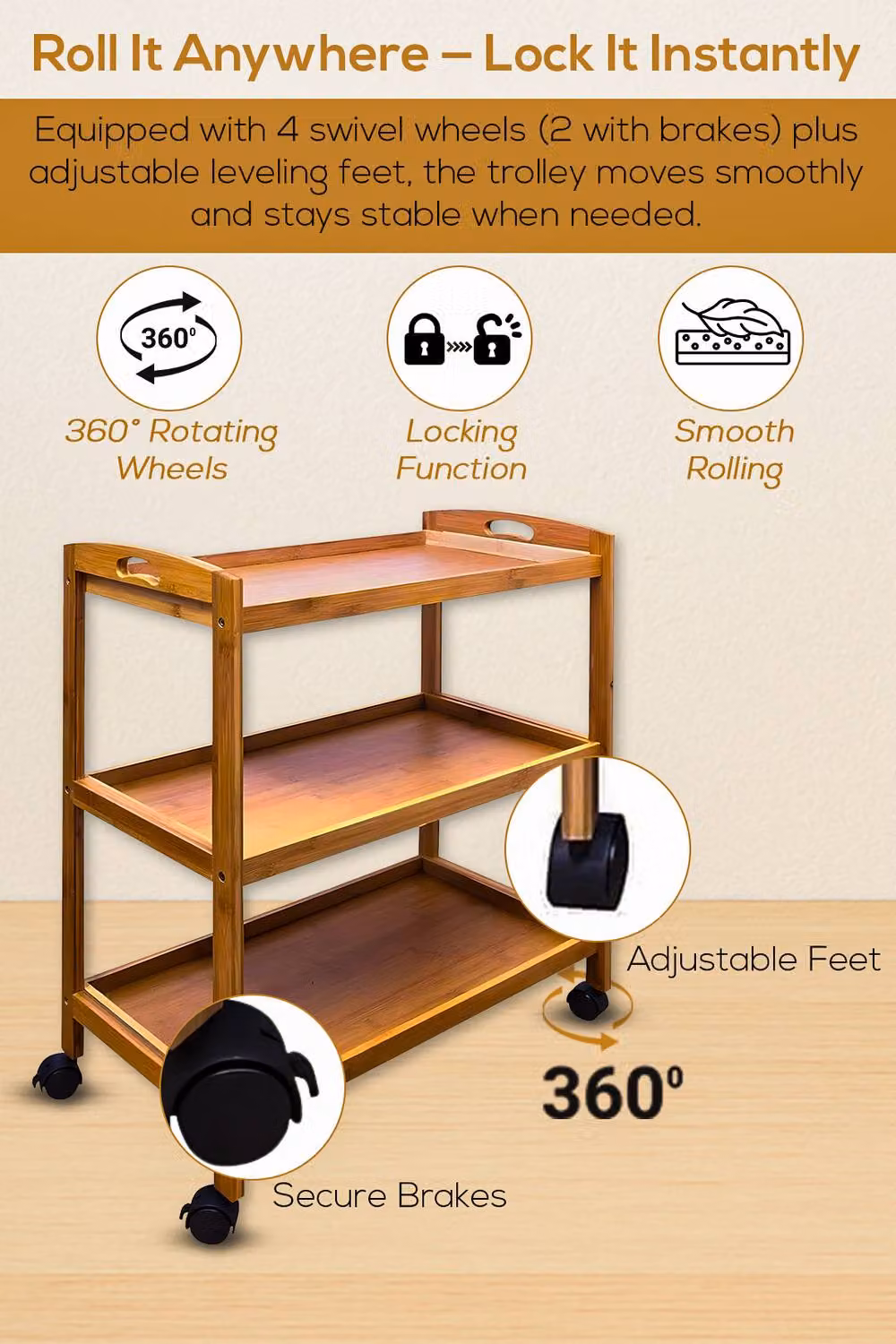 Hygrad 3 Tier Bamboo Kitchen Serving Trolley Island Cart with Wheels in Natural – 2