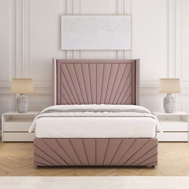 BSSPOKE Nola Plush Velvet Divan Bed Set with Headboard and Mattress in Pink, Single, W/D/H: 90 x 190 cm