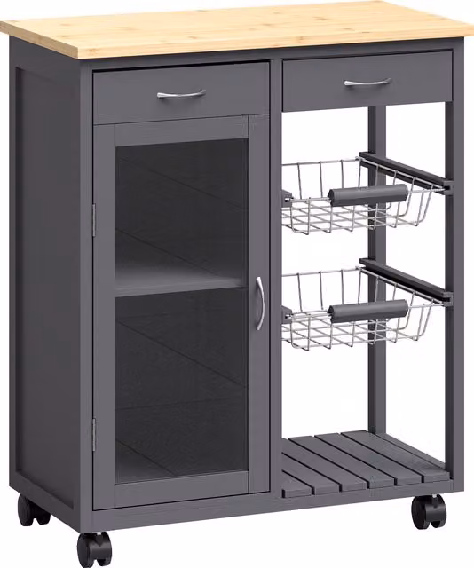 HOMCOM Grey Bamboo Kitchen Island Rolling Trolley with Glass Door, Metal Wire Baskets and Adjustable Shelf