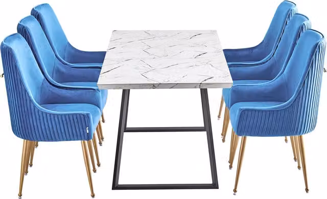 Life Interiors Soho Toga LUX Dining Set with Rectangular Marble Table and 6 Blue Velvet Upholstered Chairs