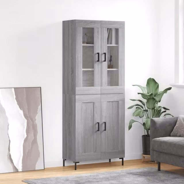 Berkfield Home Modern Grey Highboard with Glass Doors and Internal Shelves, W: 69.5 cm, D: 34 cm, H: 180 cm – 1