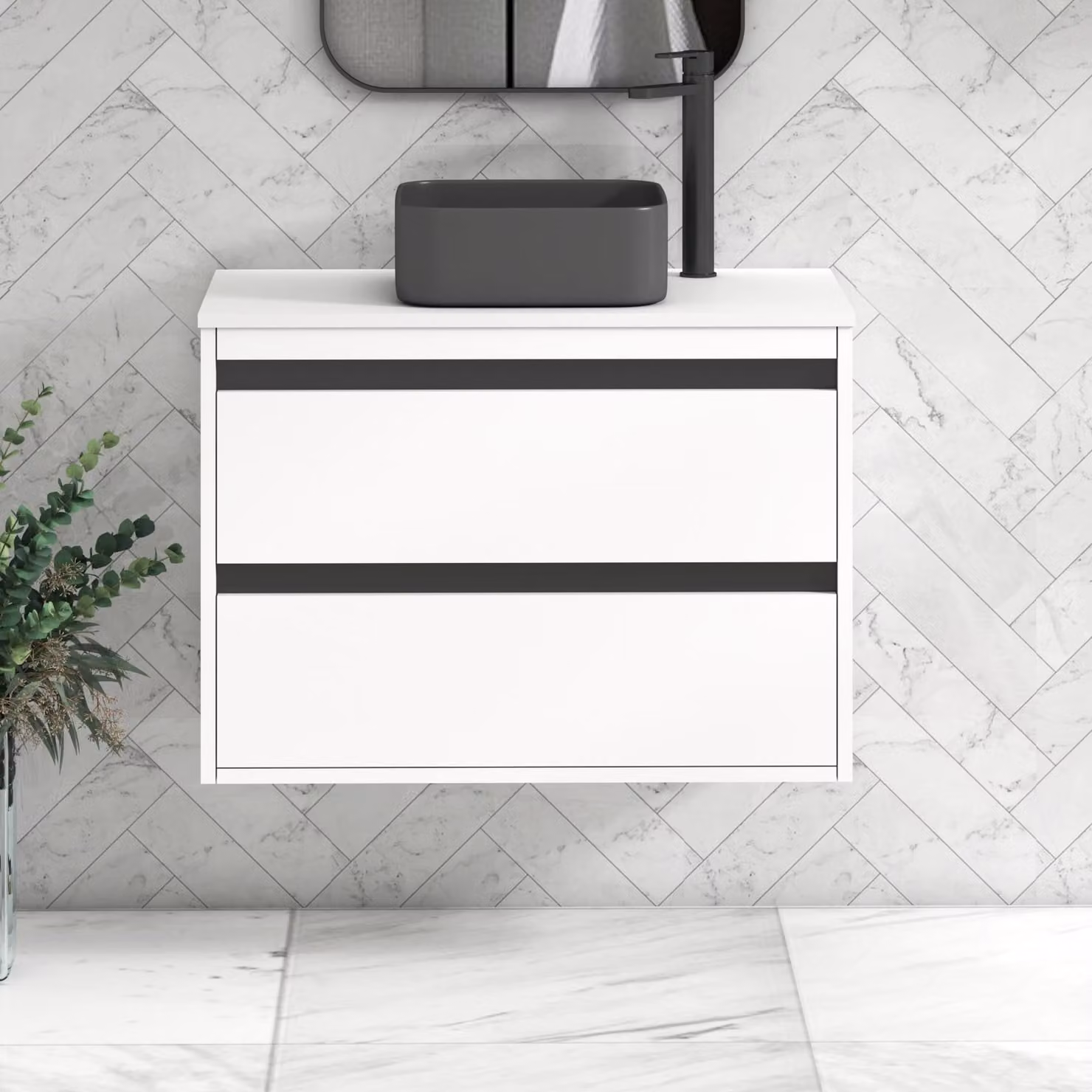 Royal Bathrooms Orion 800mm Matt White Wall Hung 2 Drawer Vanity Unit with Art Square Basin and Black Accent Trim