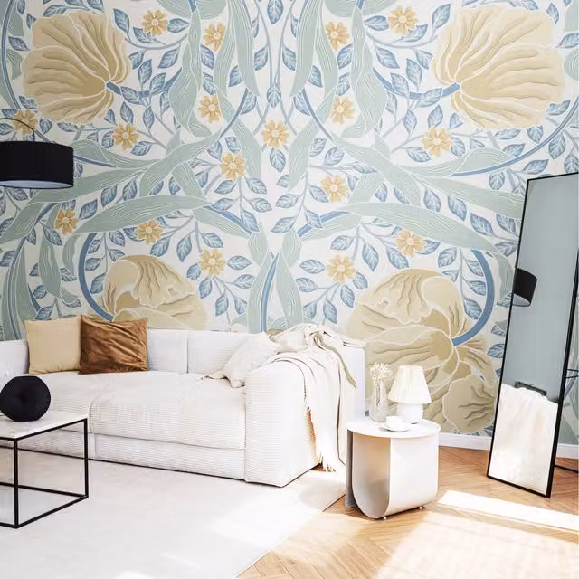Origin Murals Flower Circle Art Nouveau Wall Mural in Soft Blue