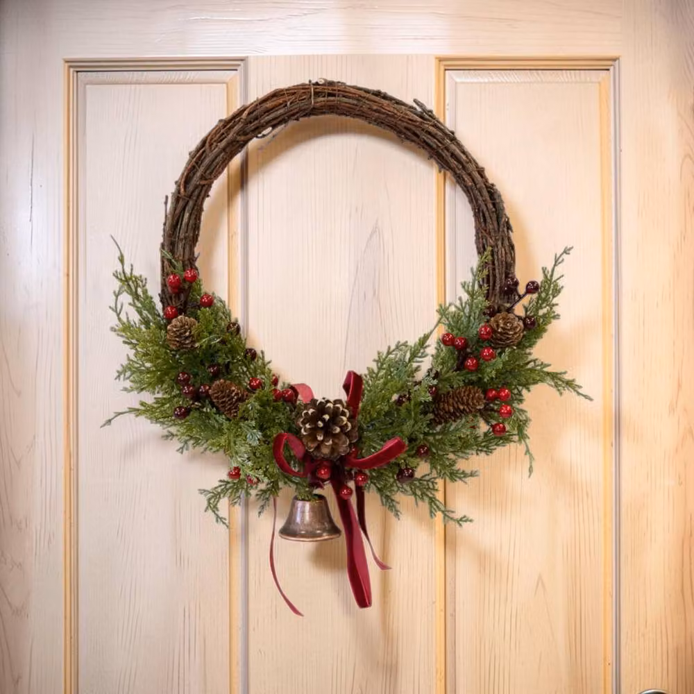 Four Candle Large Rustic Christmas Twig Wreath with Red Berries, Pinecones, Bells and Bow in Red and Brown – 2