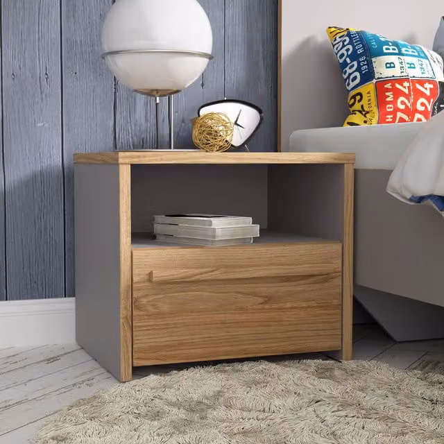 FWStyle Bedside Cabinet with One Drawer and Open Shelf in Matt Grey and Oak