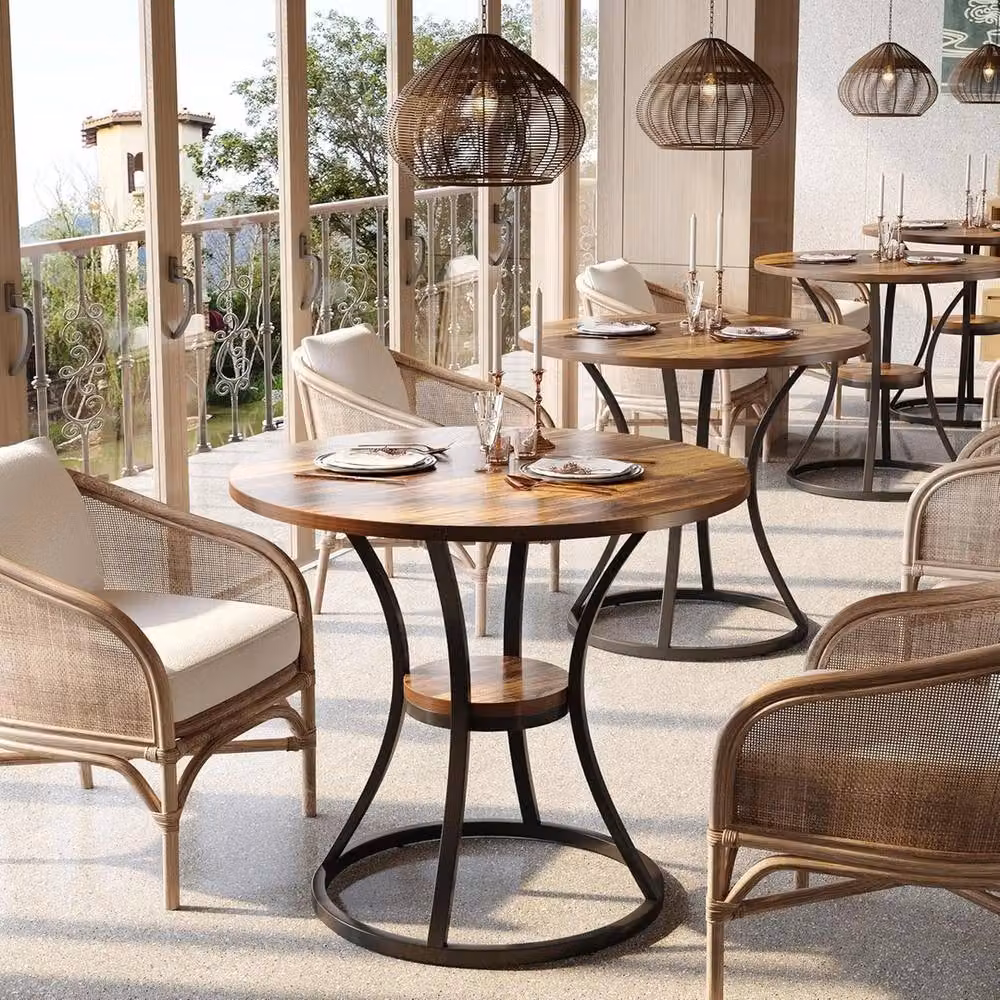 VOGREX Round Wooden Dining Table with Metal Frame, Brown and Black, Diameter: 80 cm – 3