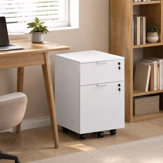 STILVORA White Lockable Filing Cabinet with 2 Drawers and Castors