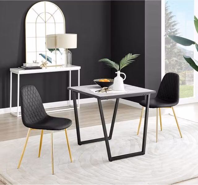 FurnitureboxUK Carson White Marble Effect Square Dining Table and 2 Corona Gold Leg Chairs in Black