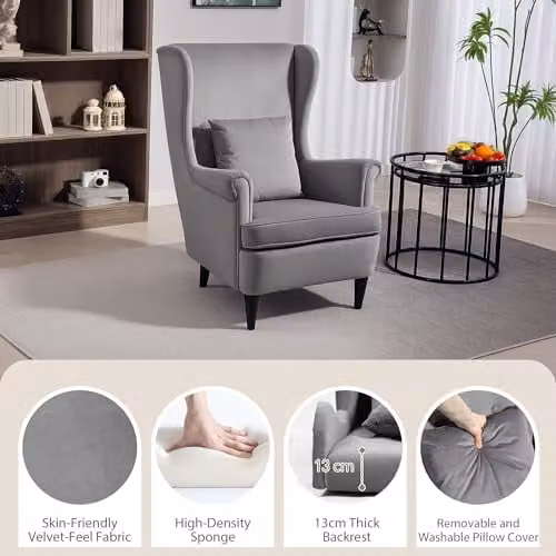 HOMCOM Modern Grey Velvet Wingback Armchair with Wood Legs, W/D/H: 75 x 83 x 104 cm – 3