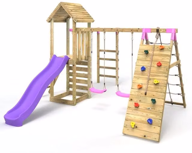 Rebo Modular Wooden Climbing Frame with Swing, Slide and Climbing Wall in Pink/Dolomite