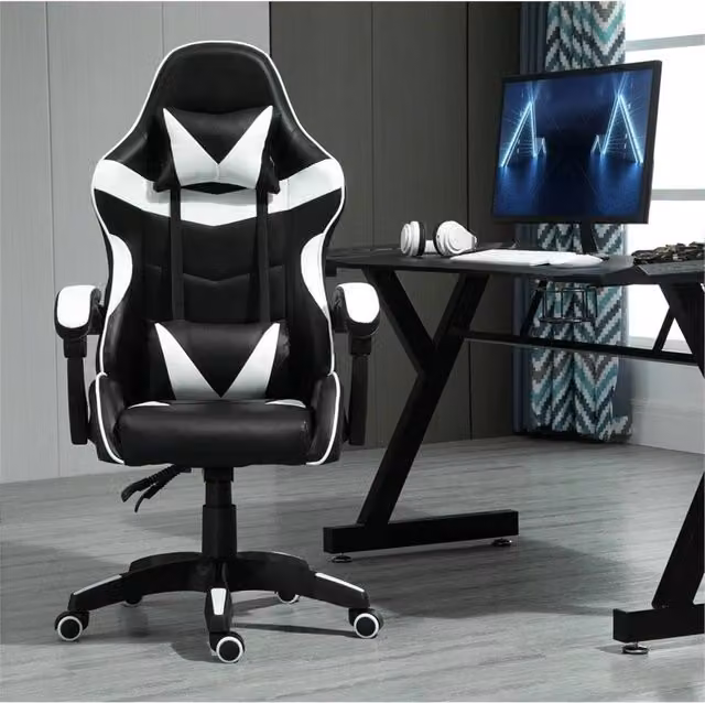Nordara White and Black Faux Leather Swivel Gaming Chair with Headrest for Home Office and Sports Desk – 1