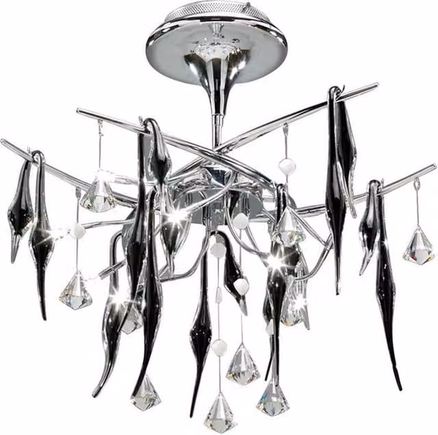 Netlighting Cygnet 10 Light Ceiling Light in Polished Chrome with Black Glass and Grey Crystal