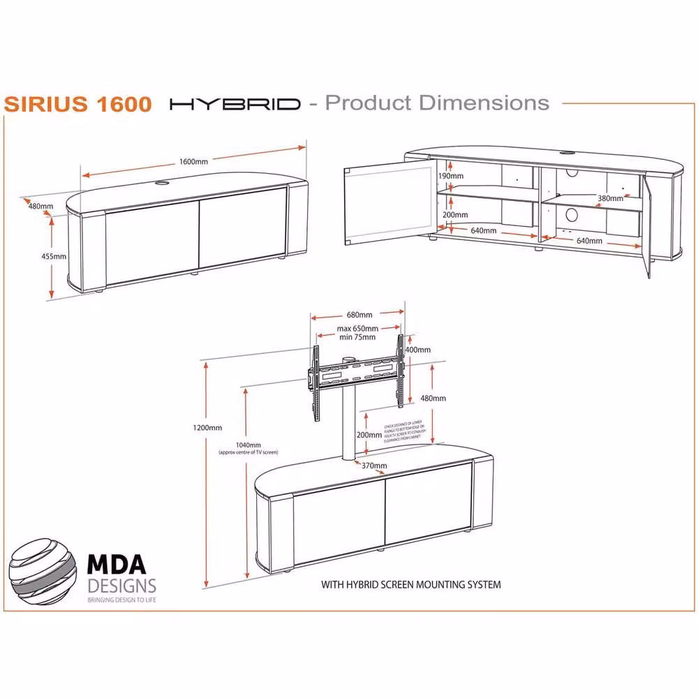 MDA Designs Sirius 1600 Gloss Black TV Cabinet with Glass Details W/D/H: 160.0 x 48.0 x 45.0 cm – 9