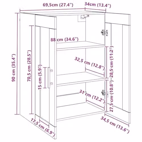 vidaXL Wall Mounted Cabinet with Glass Doors, Brown, W/D/H: 69.5 x 34.0 x 90.0 cm – 3