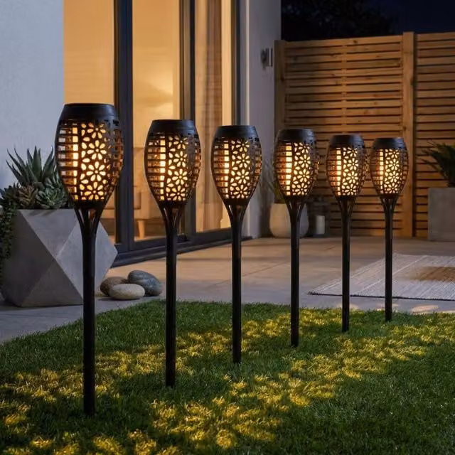 Garden Greatness Solar Flame Stake Lights, 6 Pack, Black