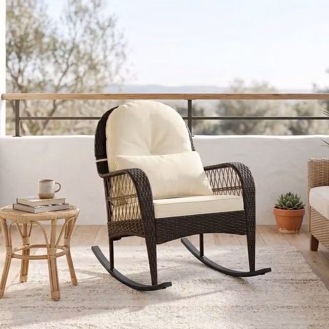 Yaheetech Brown Outdoor Rattan and Metal Rocking Chair with Armrests