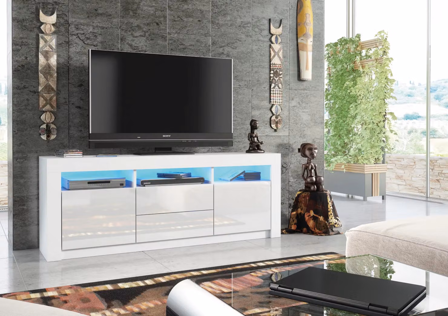 Creative Furniture Shine TV Unit 160cm with Glossy Doors and LED Lights in White, W/D/H: 160 x 35 x 60 cm – 3
