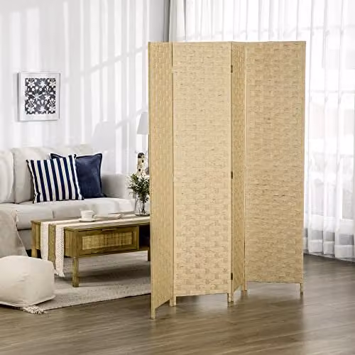 HOMCOM 4-Panel Folding Room Divider Privacy Screen in Brown with Retro Wood and Rattan Design, H: 169.5 cm x W: 159.5 cm – 2