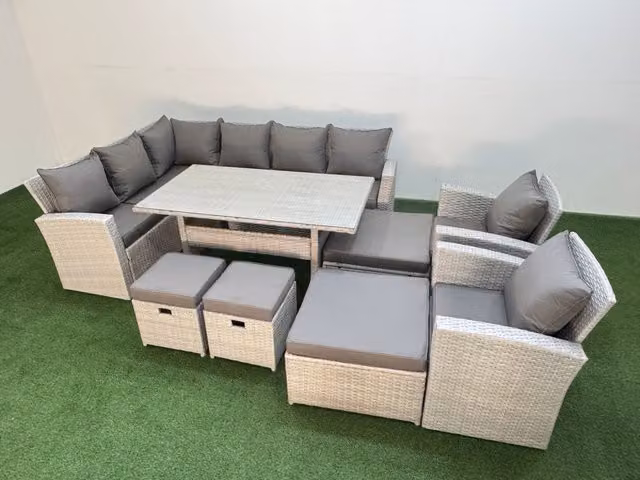 Fimous 12 Seater Rattan Garden Furniture Set with Rectangular Glass Table, 2 Chairs and 4 Footstools in Light Grey