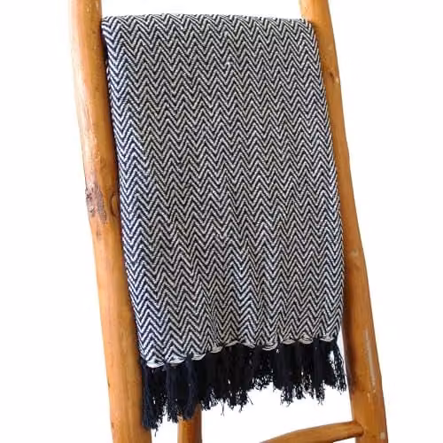 KDMD Boho Chevron Cotton Throw in Blue and Black, W/D/H: 140 x 200 cm