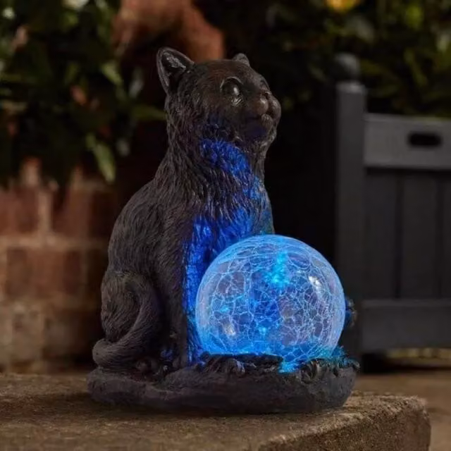 Marco Paul 2 Pack of Multicolour Polyresin Cat Solar Powered Garden Ornaments with Crystal Ball LED Night Light