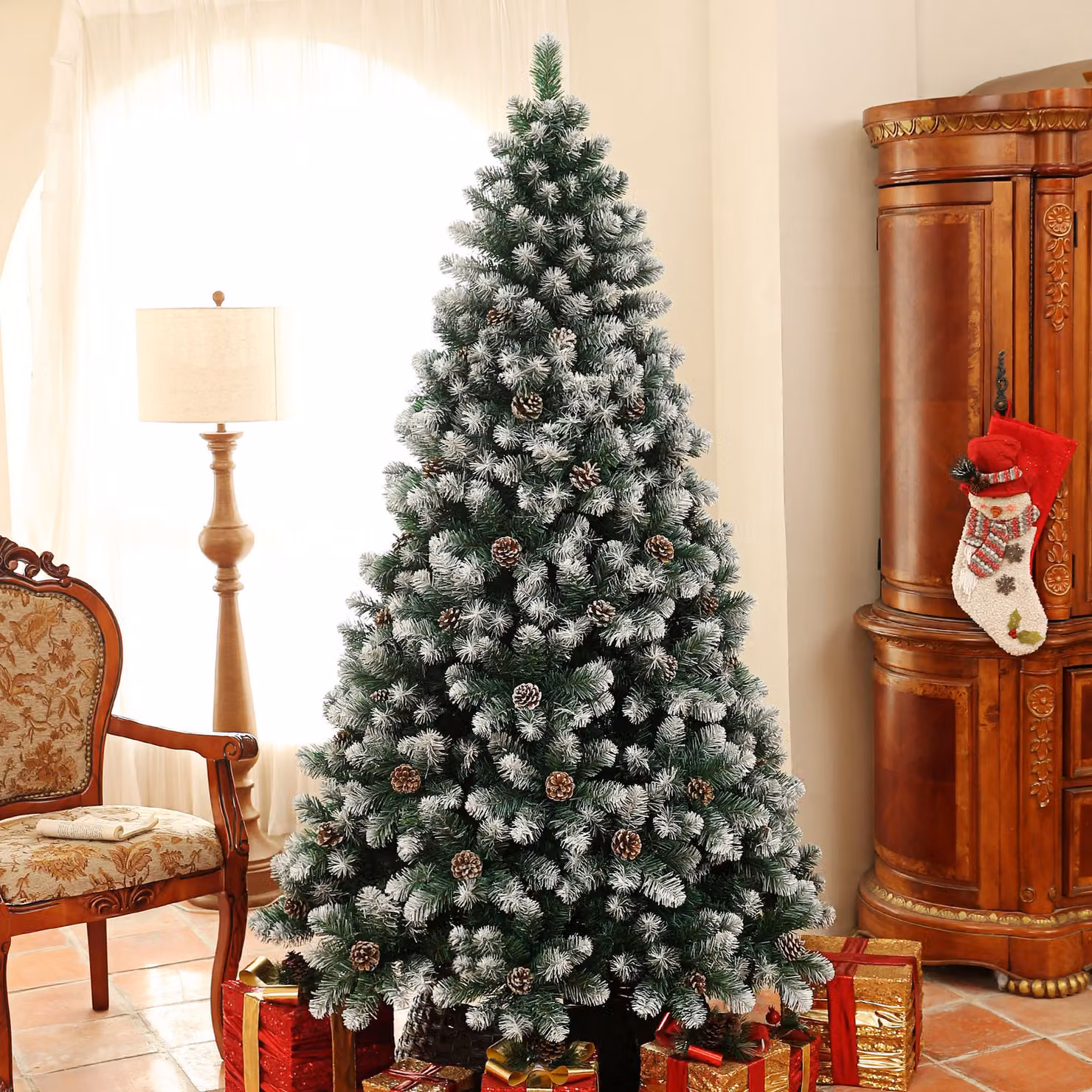 HOMCOM 7ft Artificial Pine Christmas Tree with 1152 Branch Tips, Realistic Hinged Design with Pinecones and Steel Base, Green – 2