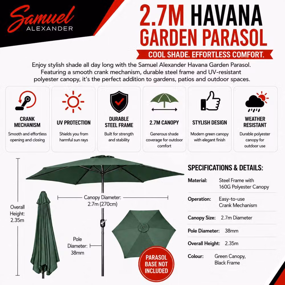 Samuel Alexander Green Havana Garden Patio Parasol with Crank Handle, W: 270 cm, H: 235 cm – 5