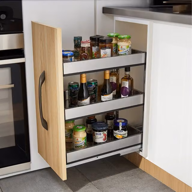 Komore 3-Tier Metal Kitchen Cabinet Pull Out Shelf Organizer in Silver, W/D/H: 38.5 x 45 x 20 cm