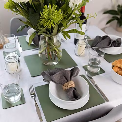 Lara May Collection Set of 8 Recycled Leather Placemats and Coasters, Olive Green, Heat Resistant and Non-Slip – 2