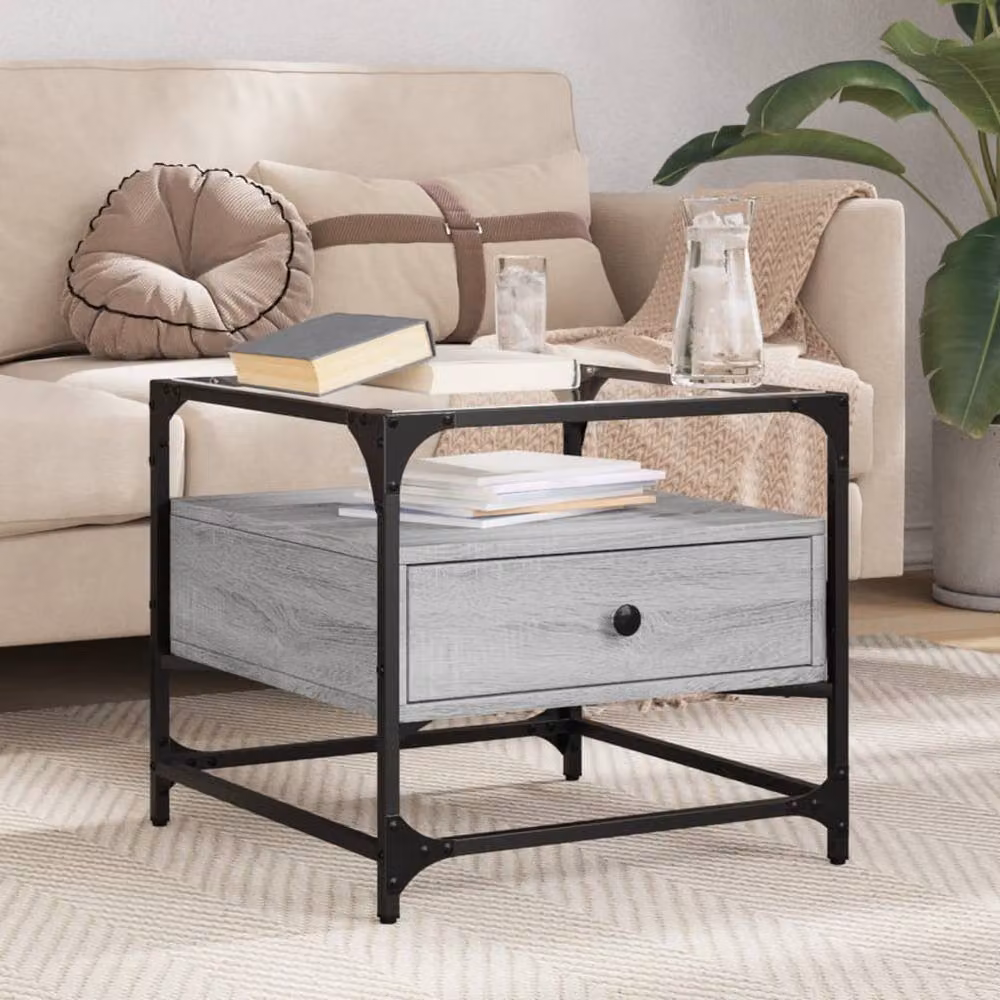 Berkfield Home Decorative Coffee Table with Glass Top, Grey Sonoma, W/D/H: 50 x 50 x 45 cm – 2