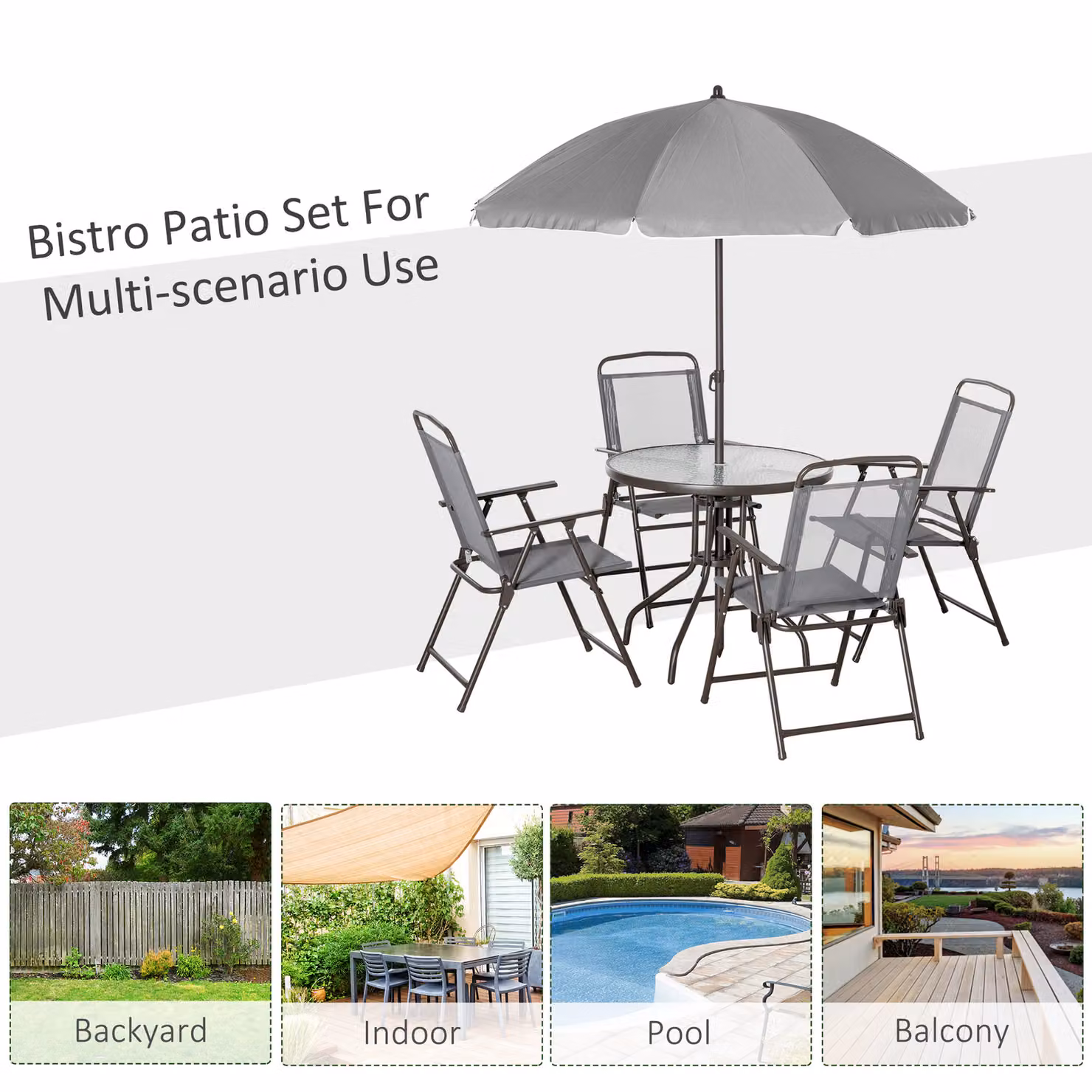 Outsunny 6 Piece Grey Patio Dining Set with Round Tempered Glass Table and 4 Folding Chairs – 3